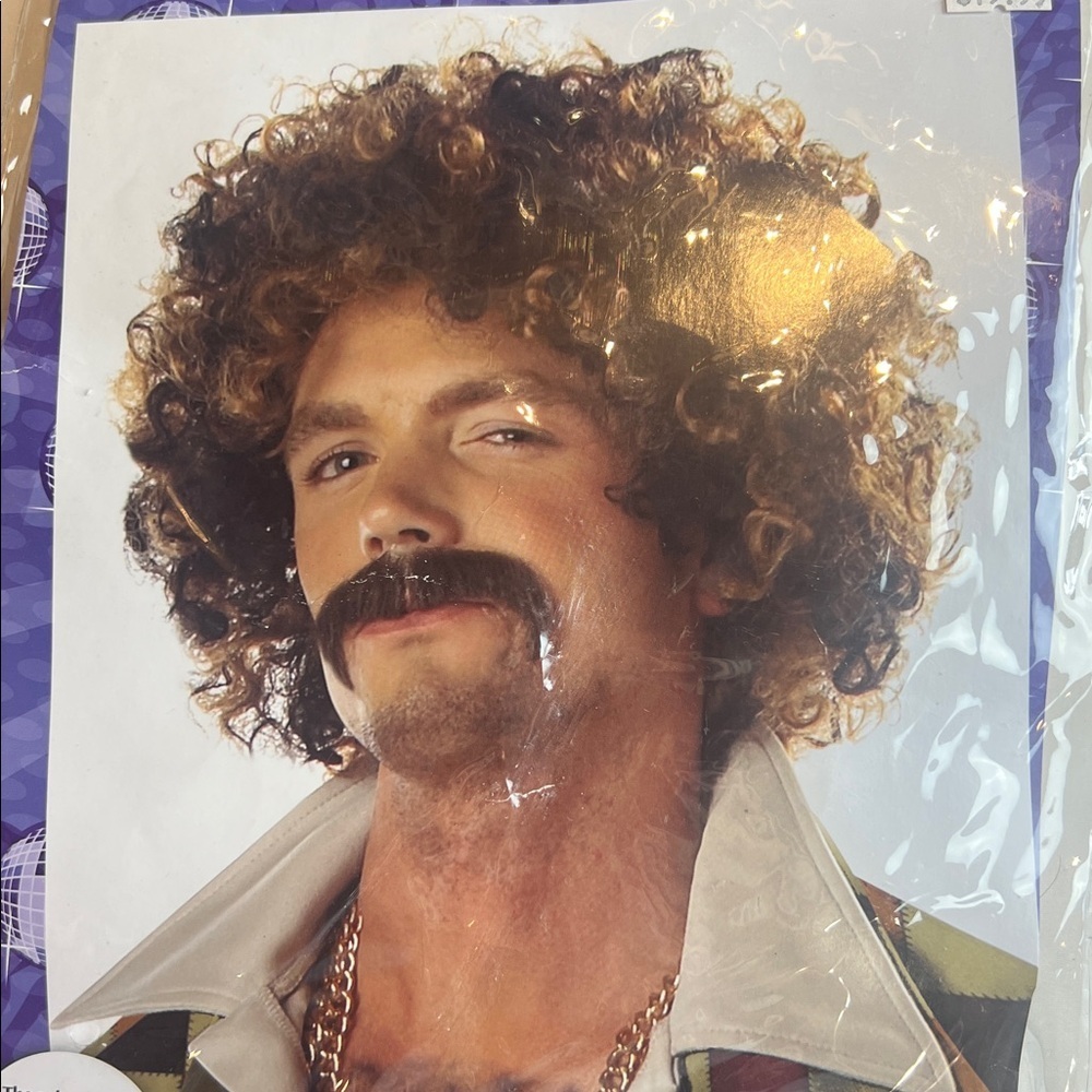 California costume The product shown is the "Disco Dirt Bag" wig & mustache set